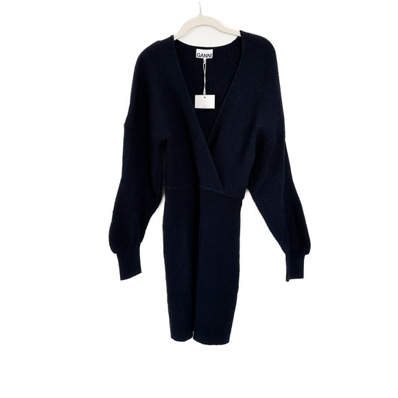 GANNI Wrap-effect Ribbed-knit Mini Dress Dark Navy Size Small NWT - Picture 5 of 6
